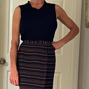 Navy Sleeveless Collared Top & Coordinating 100% Linen Lined Stripped Skirt